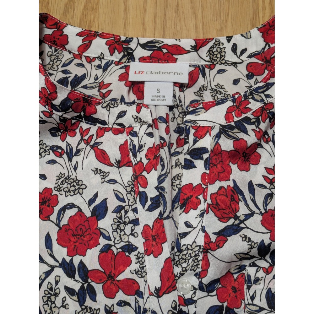 Liz Claiborne Women Floral Short Sleeve V-Neck Blouse Top Small White Red